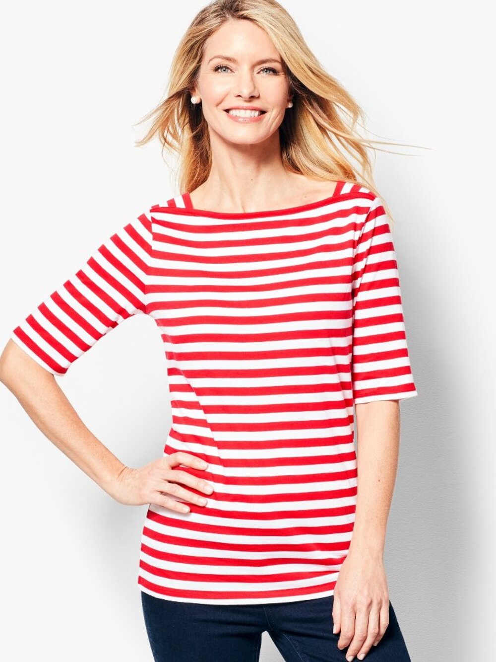Talbots XLP Envelope Square Neck Stripe Red Tee Elbow Short Sleeves Pima Cotton